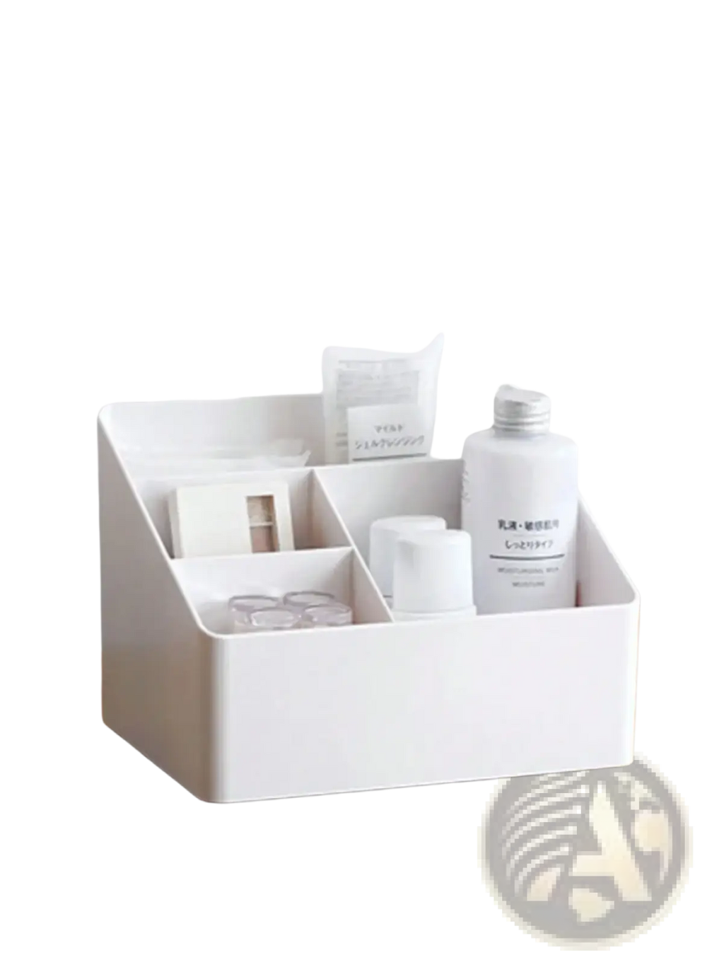 White plastic desk organizer and remote holder with minimalist design and labeled compartments for toiletries