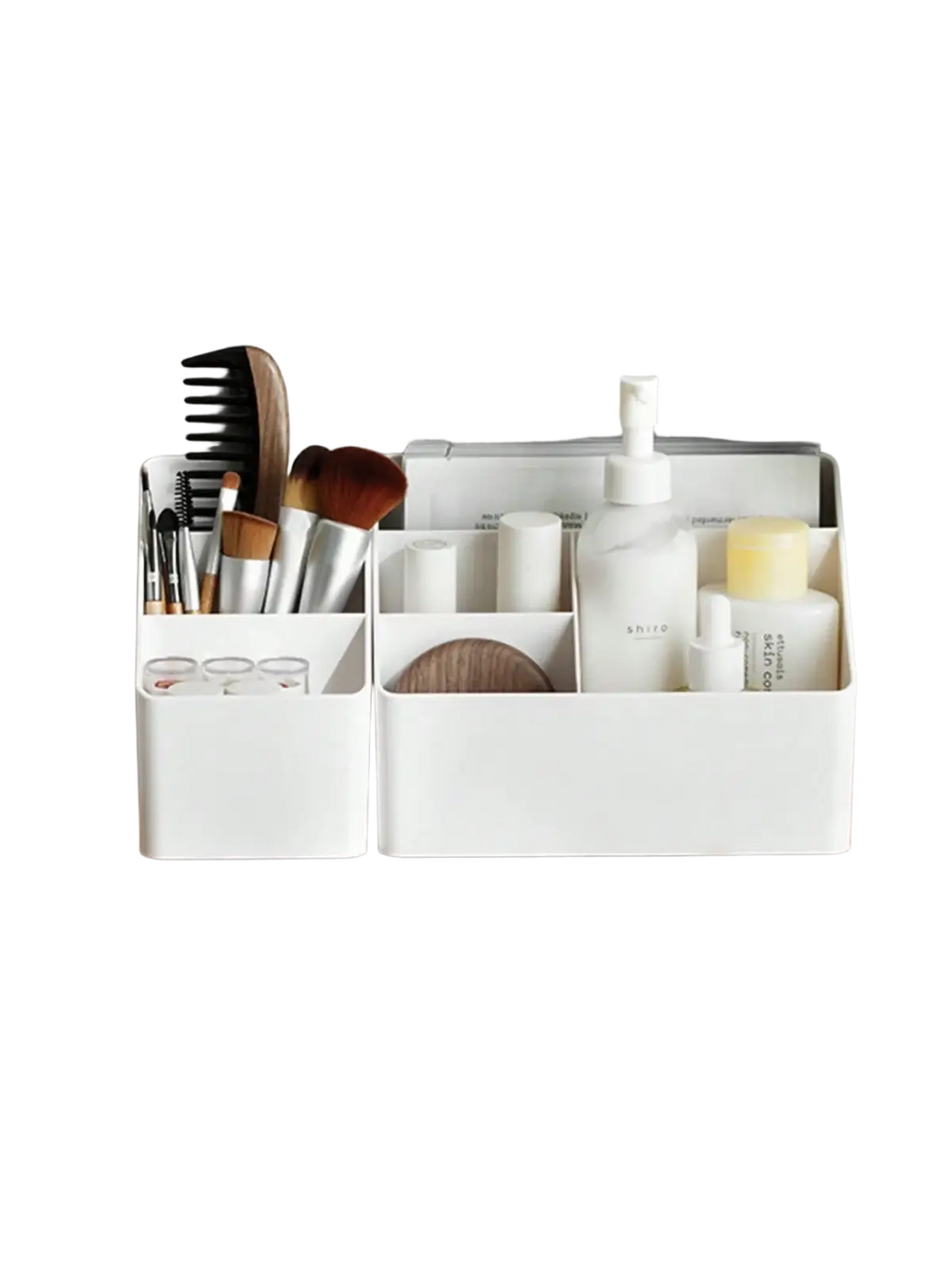 White plastic desk organizer and remote holder with multi-compartment design and sleek minimalist style