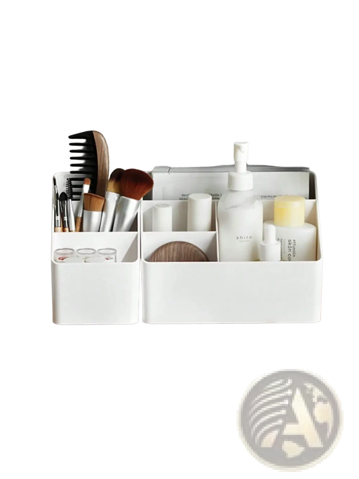 White plastic desk organizer and remote holder with multi-compartment design and sleek minimalist style