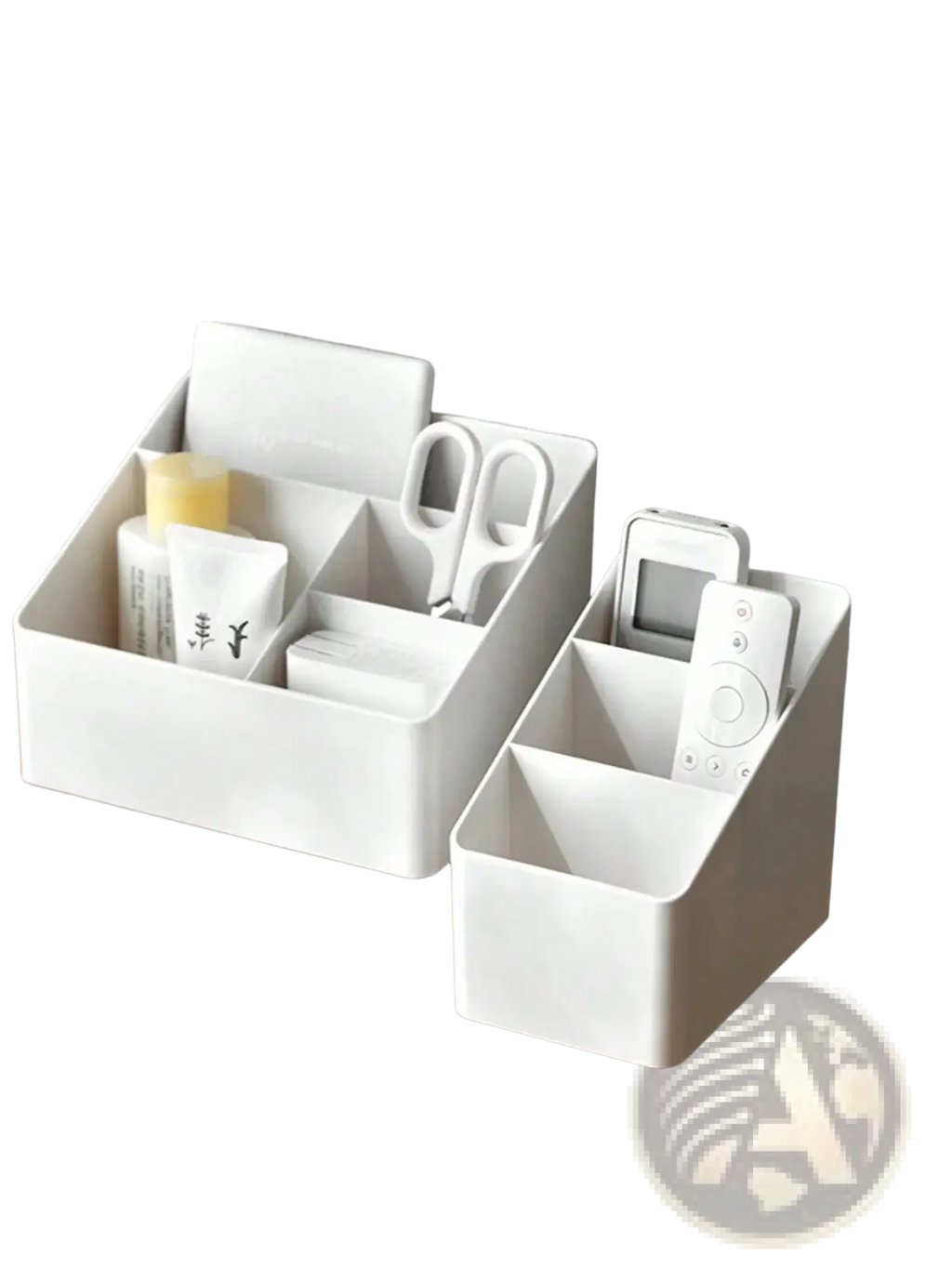 White plastic desk organizer and remote holder with multiple compartments for storing small office items