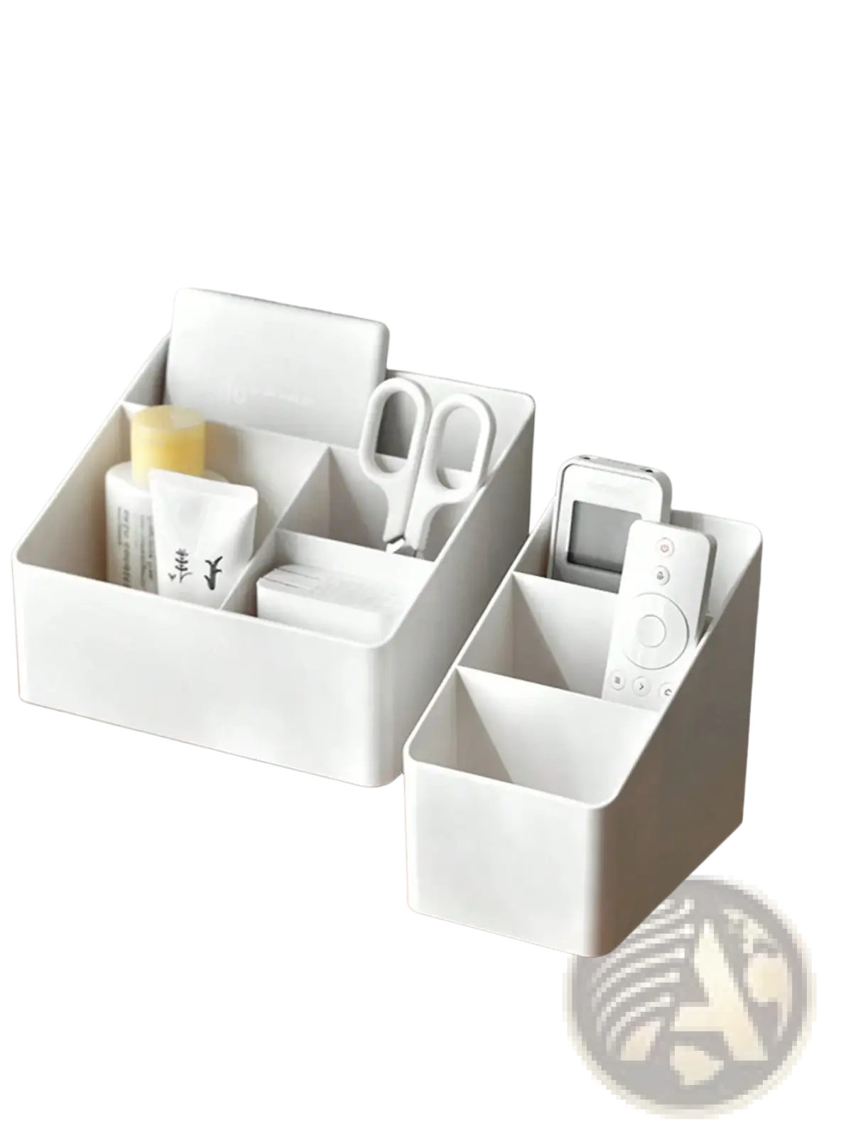 White plastic desk organizer and remote holder with multiple compartments for storing small office items