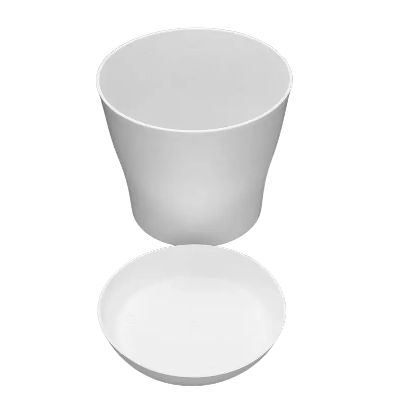 White plastic plant pot with matching round lid and saucer 17cm ideal for wholesale drop shipping orders