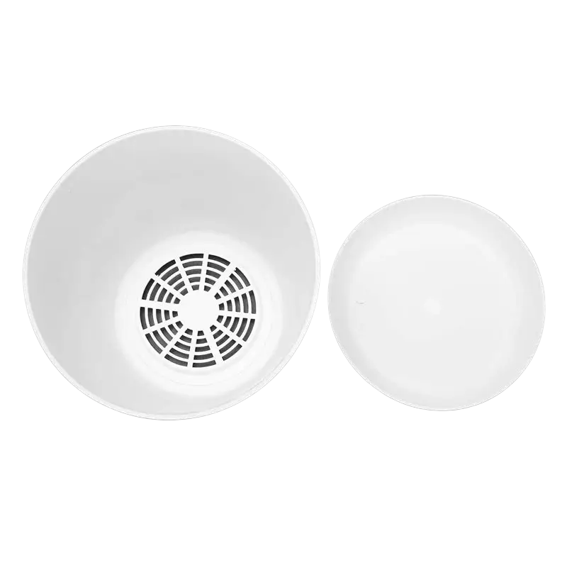 White plastic plant pot with saucer 17cm featuring a circular grated base and matching lid ideal for wholesale drop shipping