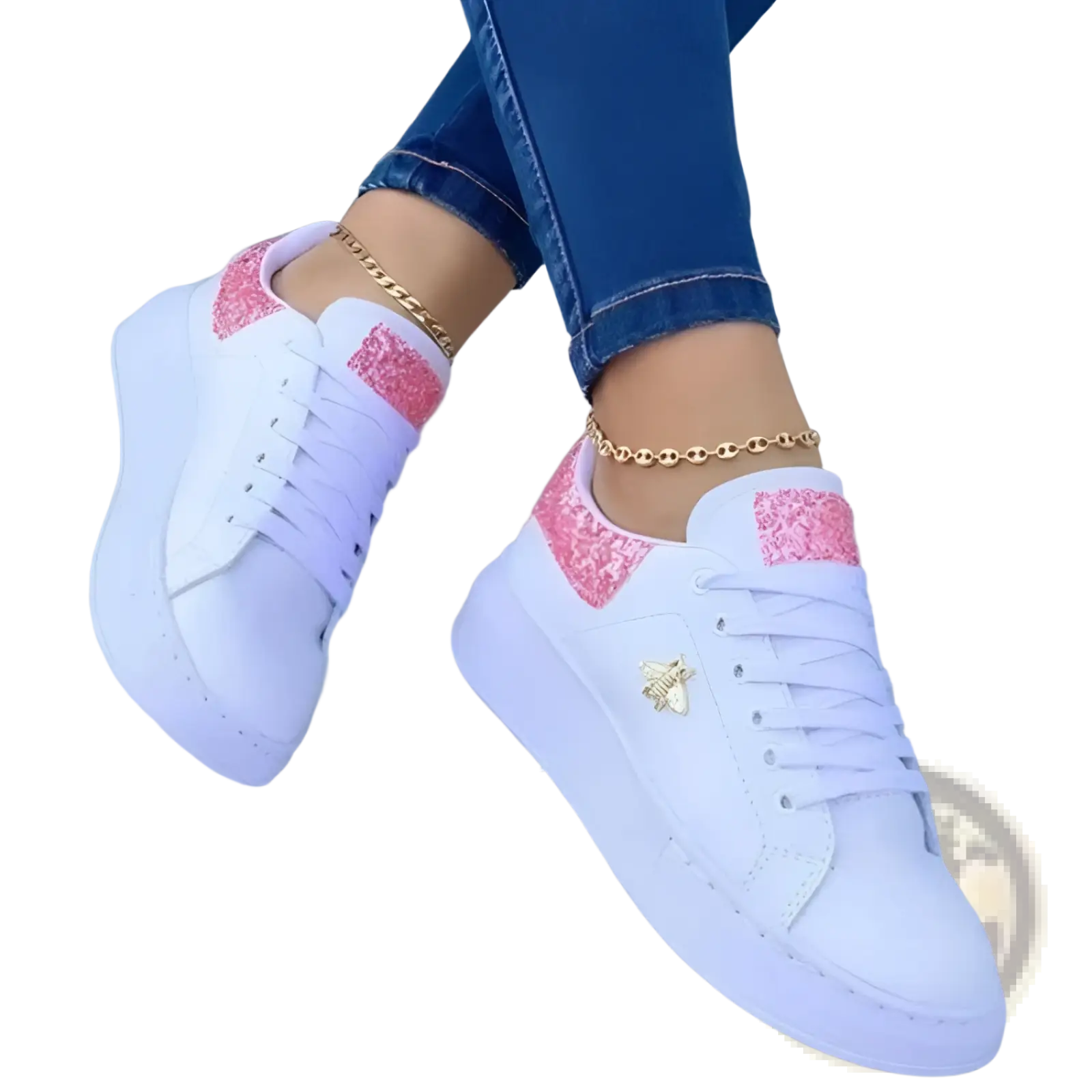 White platform sneakers featuring pink glitter accents and a gold bee emblem for stylish casual wear