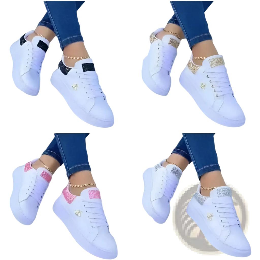 White platform sneakers featuring bee and glittery accents in black gold pink and silver on heel tab and toe cap