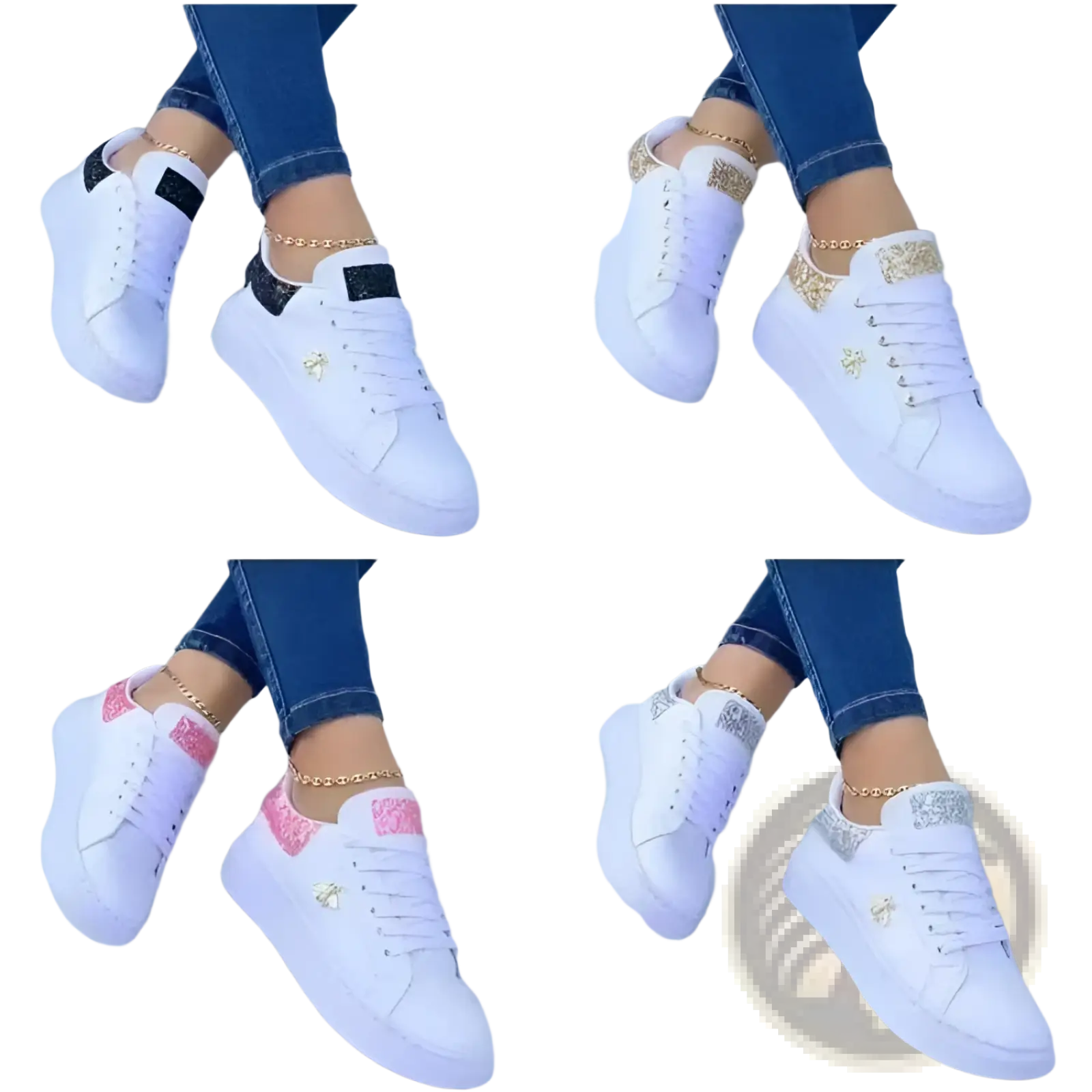White platform sneakers featuring bee and glittery accents in black gold pink and silver on heel tab and toe cap