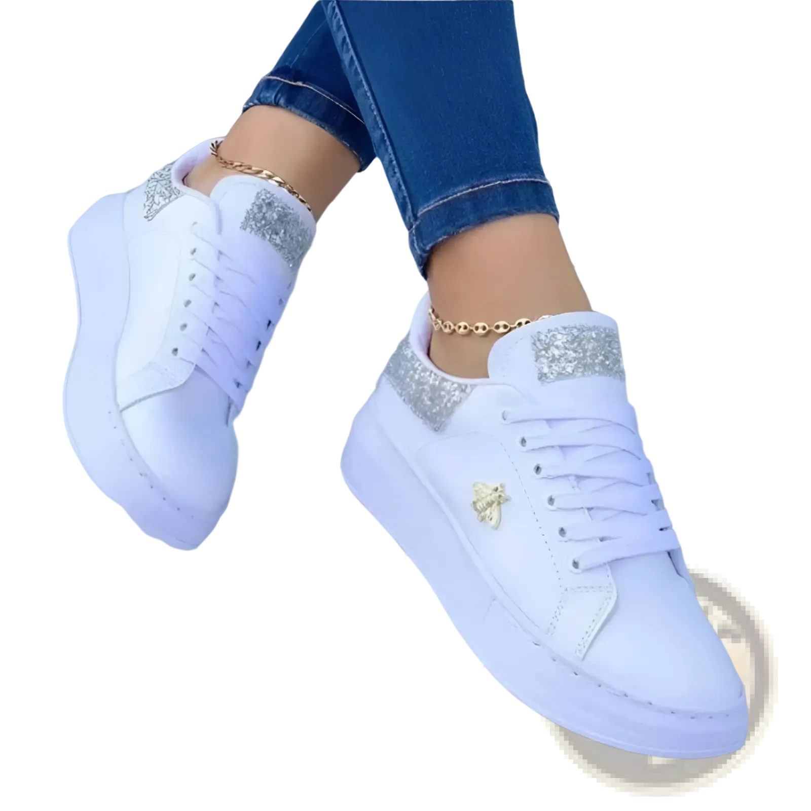 White platform sneakers featuring glittery silver accents and a gold bee emblem on the side