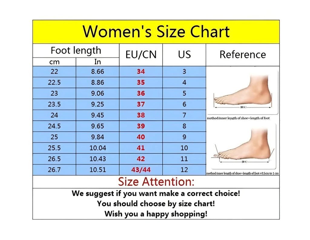 Women’s white platform sneakers with bee and glitter accents size chart showing foot length in cm and inches with eu cn and us sizes