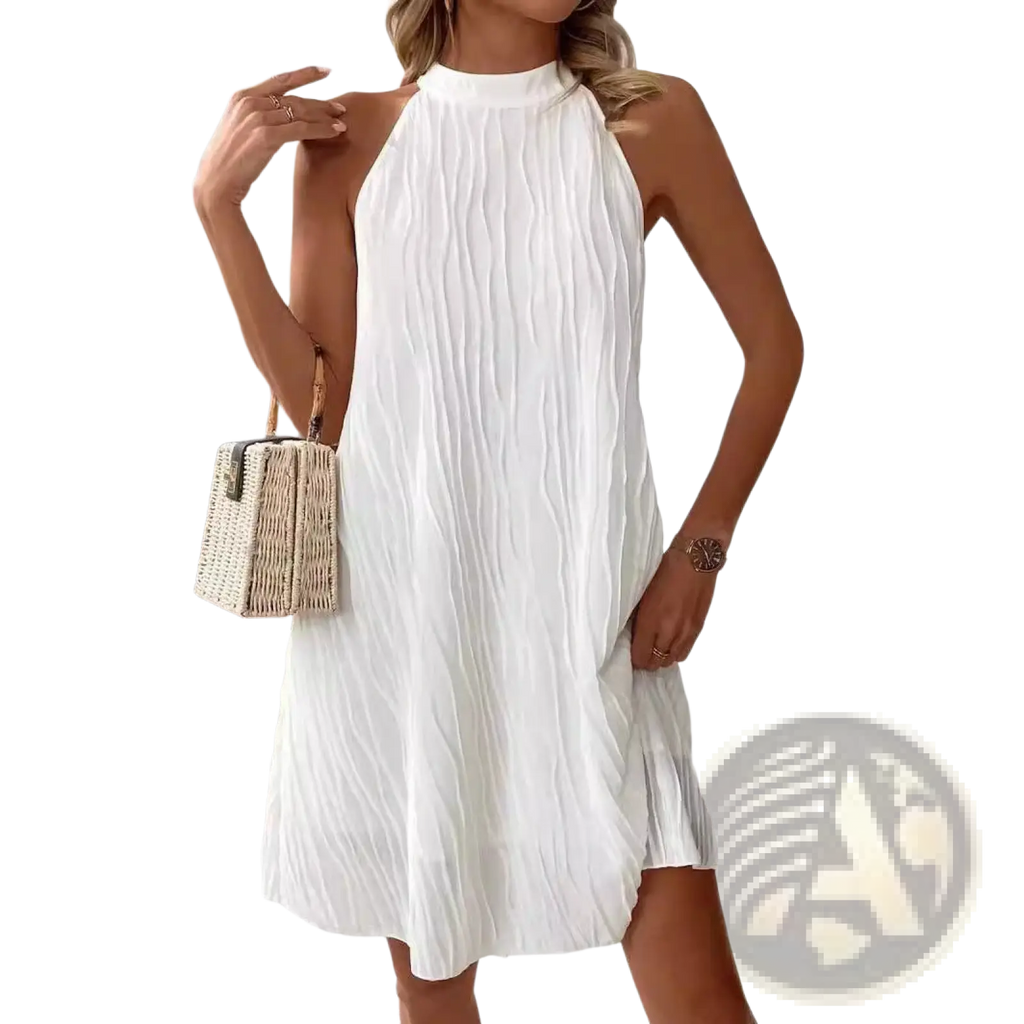 White pleated halter neck backless dress for women showcasing elegant design and lightweight fabric from the back side