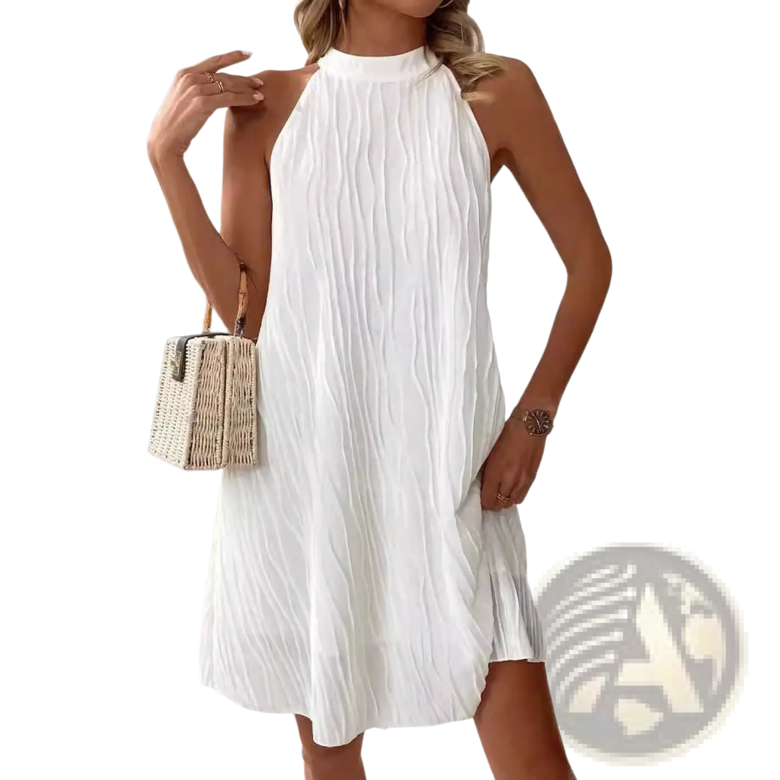 White pleated halter neck backless dress for women showcasing elegant design and lightweight fabric from the back side