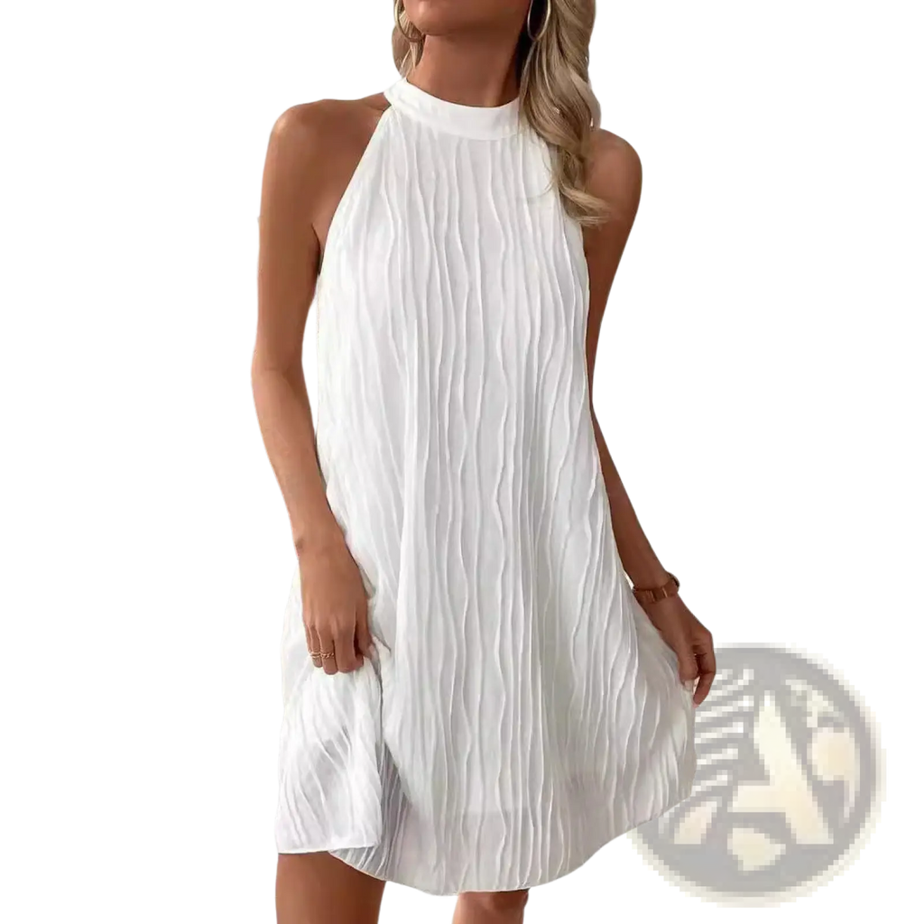 White pleated halter backless dress for women featuring a sleeveless design with vertical pleats and high neckline