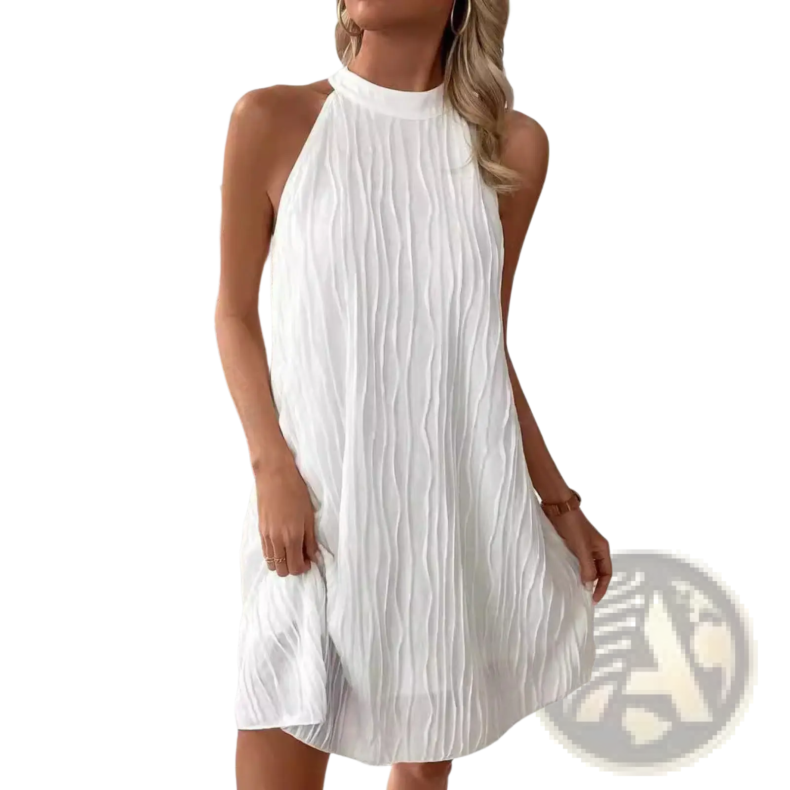 White pleated halter backless dress for women featuring a sleeveless design with vertical pleats and high neckline