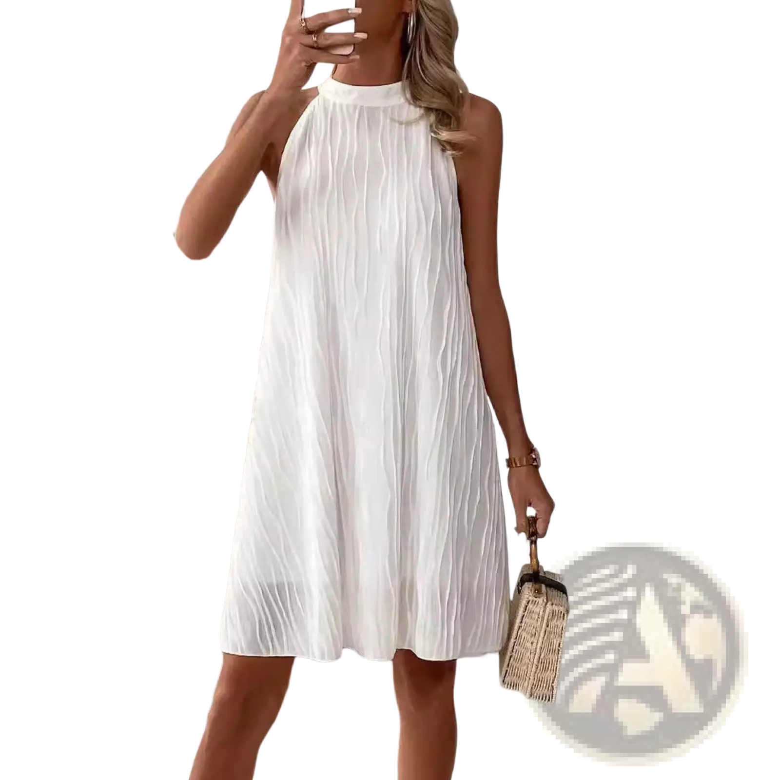 White pleated halter backless dress for women featuring a sleeveless high neck with vertical pleats displayed from the back