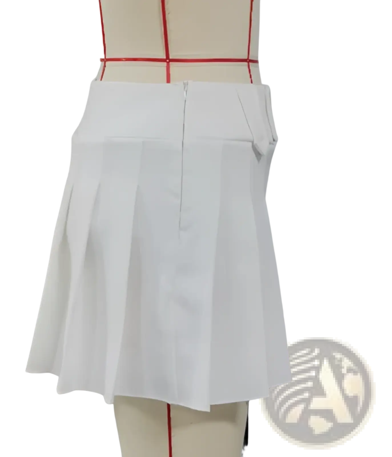 White pleated mini skirt high waisted a line with back zipper and side pocket shown from the back side