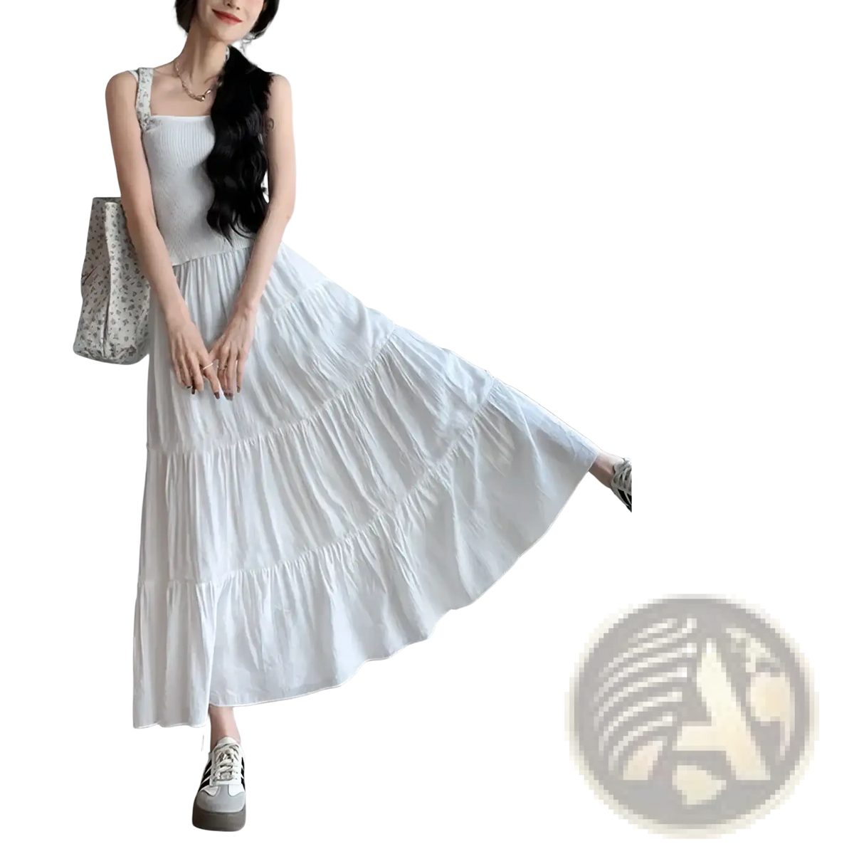 White pleated tiered maxi skirt with ribbed bodice and flowing skirt in breathable fabric for elegant occasions