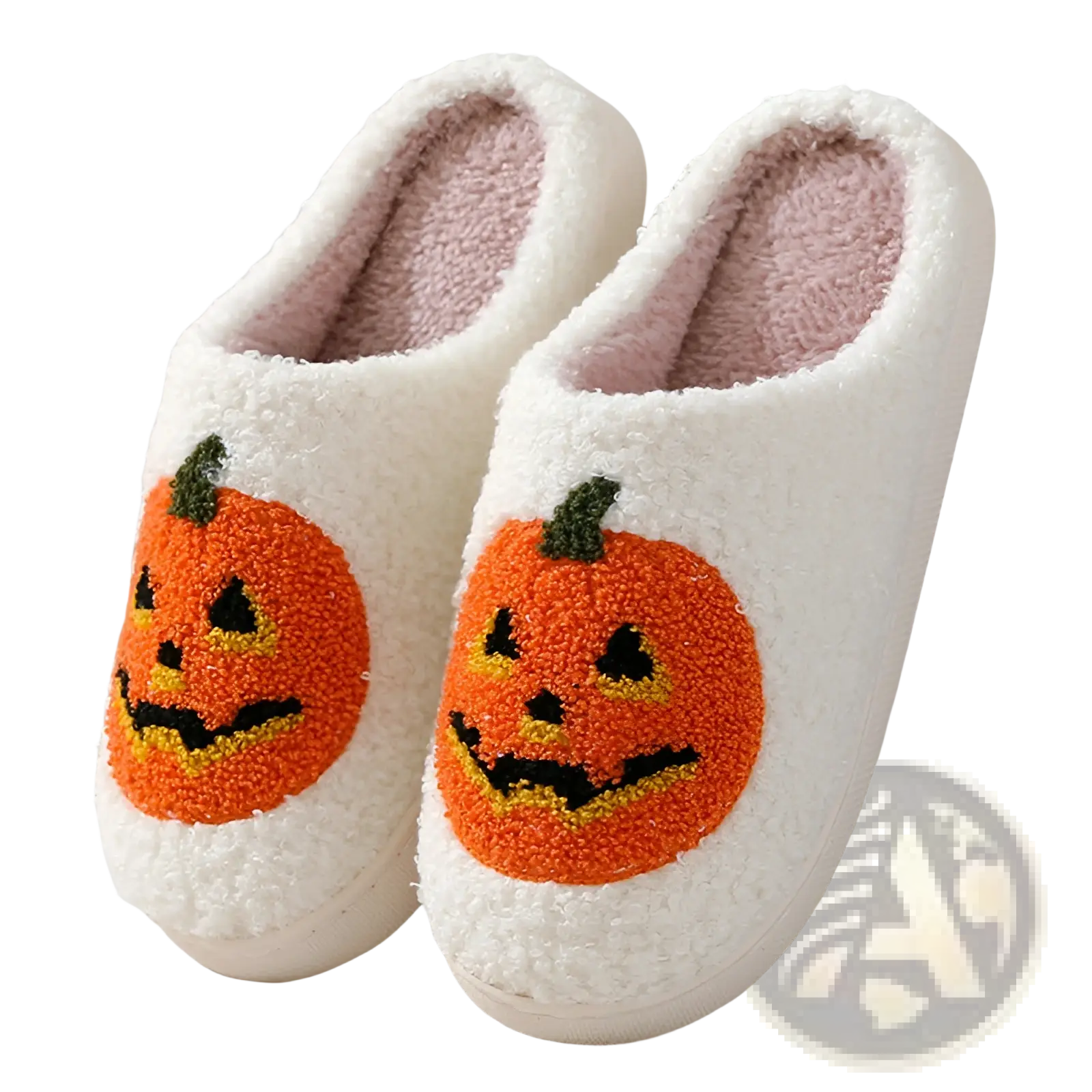 White plush jack-o-lantern embroidered Halloween slippers featuring orange pumpkin faces with black and yellow details