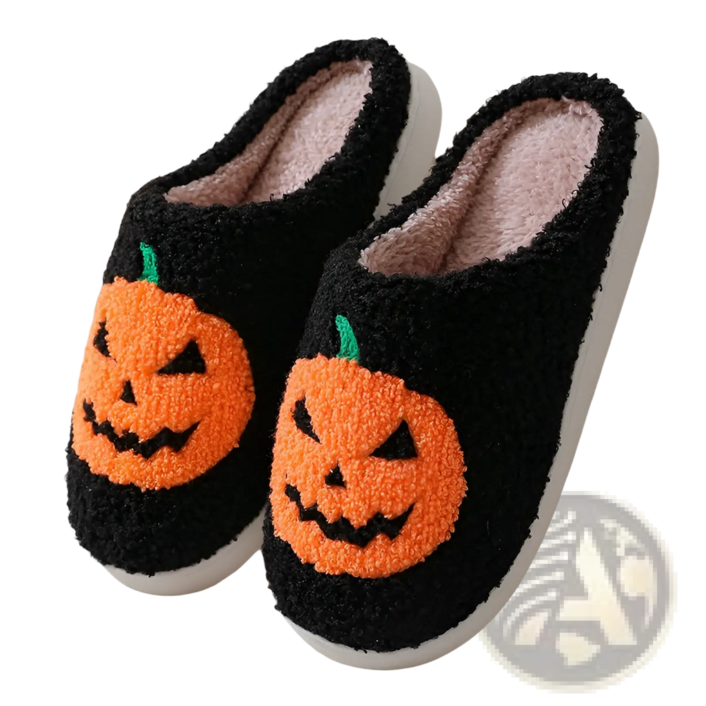 Black fuzzy slip-on slippers with orange embroidered jack-o-lantern faces green stems and plush pink interior lining