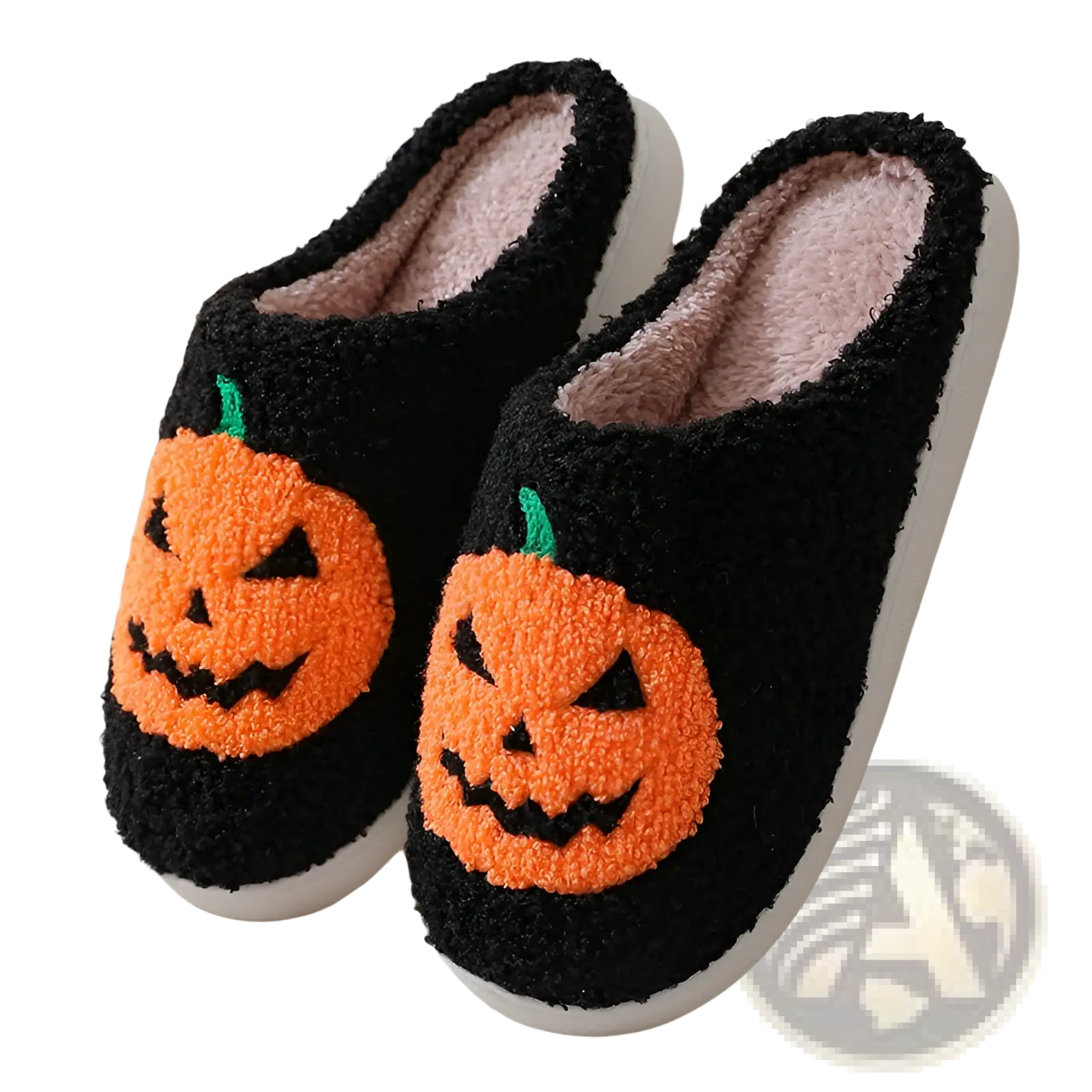 Black fuzzy slip-on slippers with orange embroidered jack-o-lantern faces green stems and plush pink interior lining