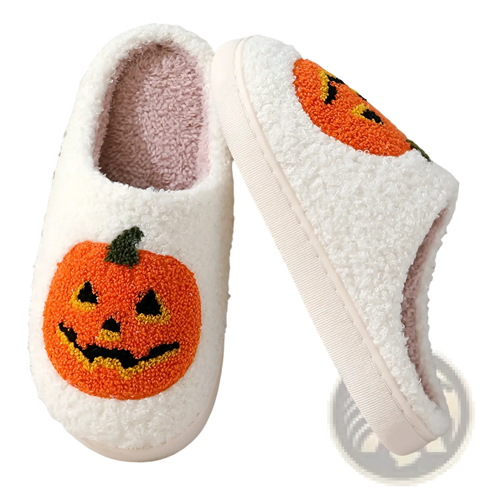 White plush halloween slipper with orange embroidered jack-o-lantern face and fuzzy texture