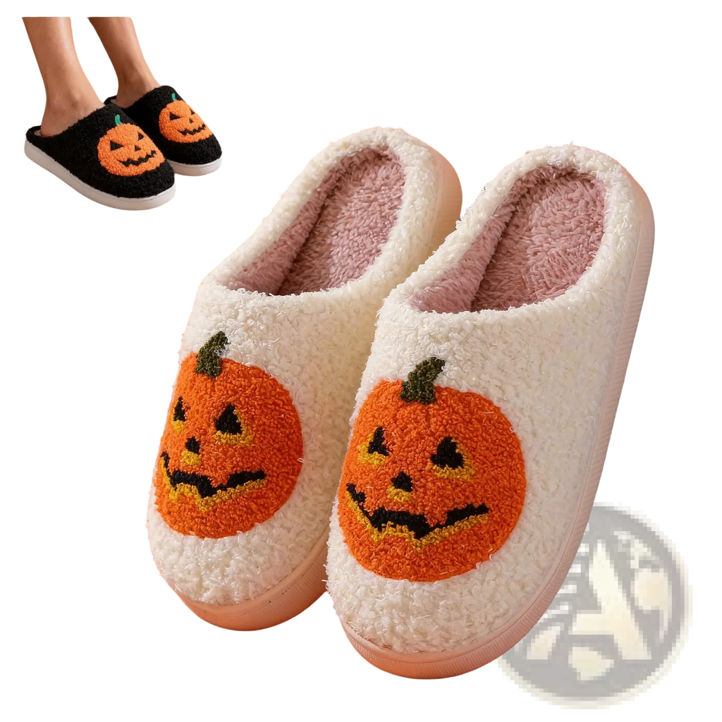White plush Halloween slippers featuring embroidered orange jack-o-lantern faces with black and yellow details