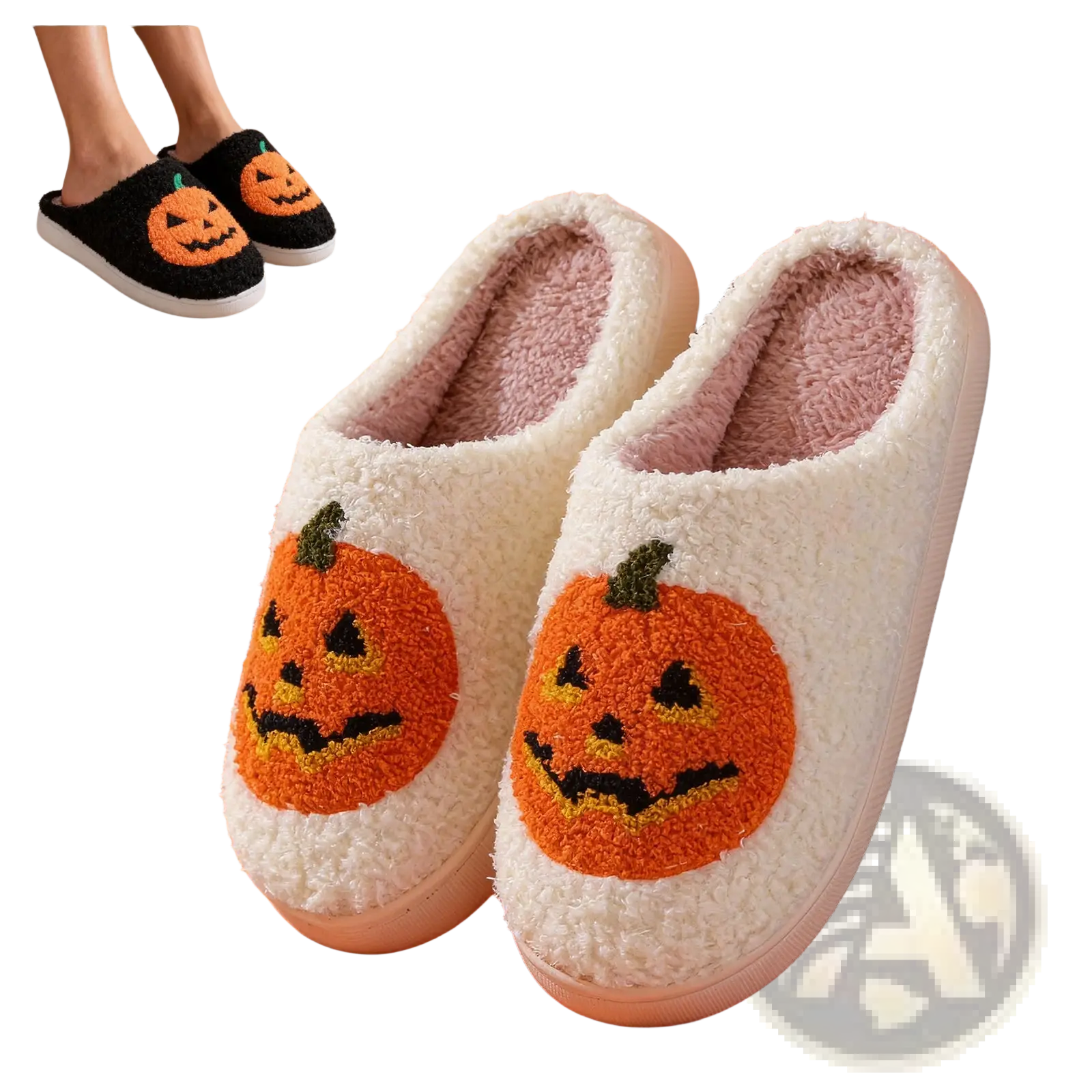 White plush Halloween slippers featuring embroidered orange jack-o-lantern faces with black and yellow details