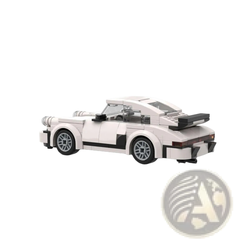 White Porsche 911 building blocks Speed Champions set with black accents and rear spoiler shown from the back side