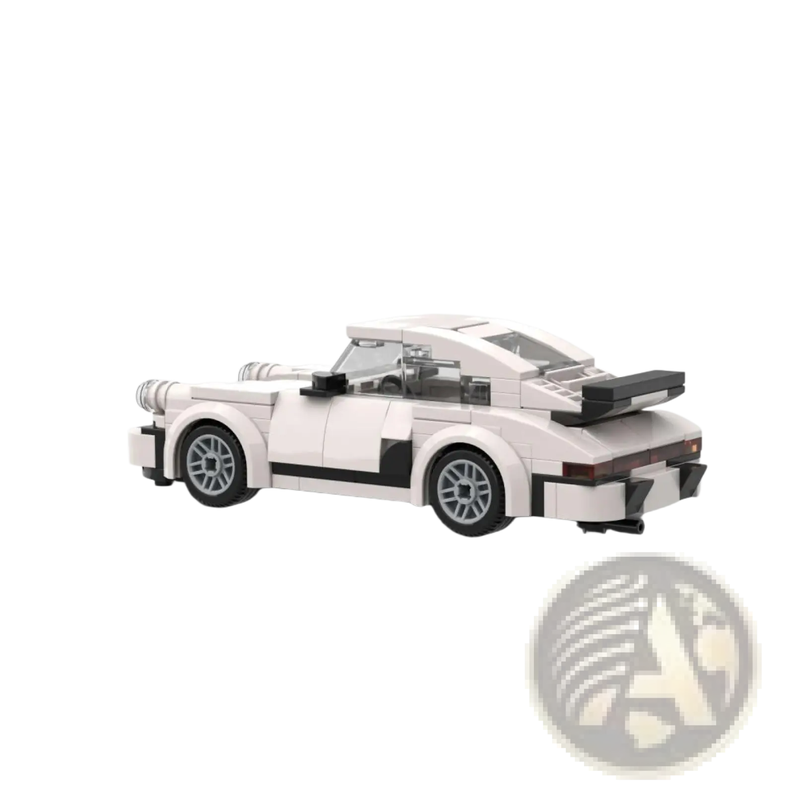 White Porsche 911 building blocks Speed Champions set with black accents and rear spoiler shown from the back side