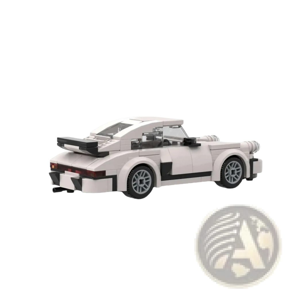 White porsche 911 building blocks speed champions set with black and white lego model featuring gray wheels and aerodynamic design