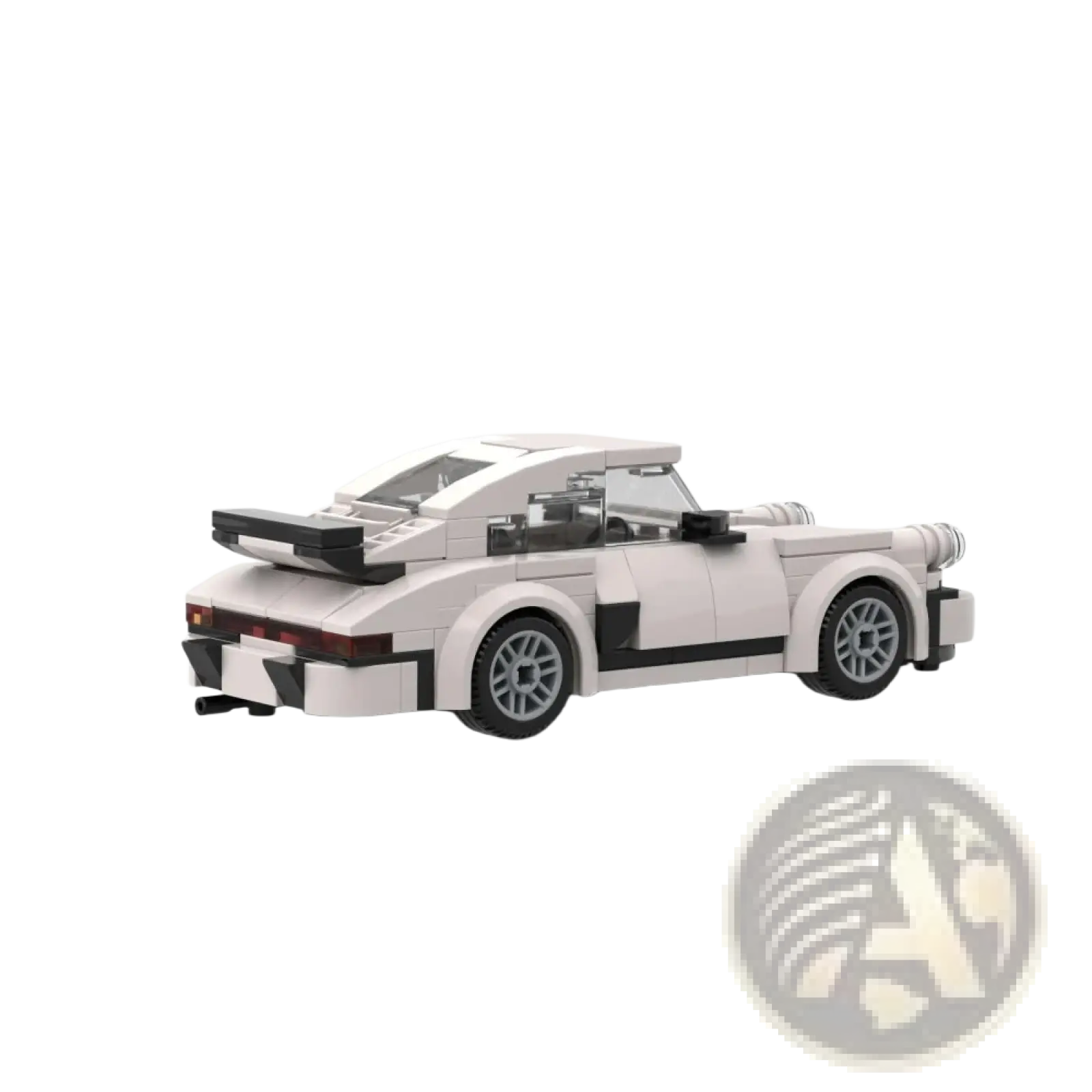 White porsche 911 building blocks speed champions set with black and white lego model featuring gray wheels and aerodynamic design