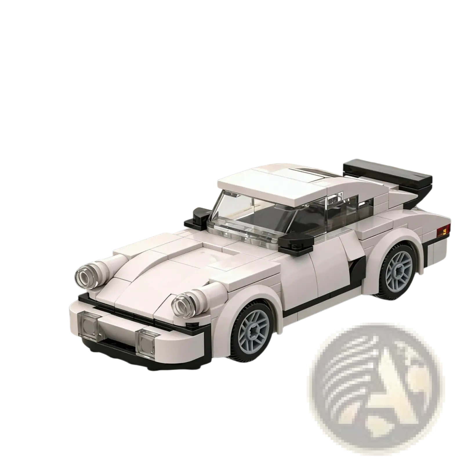 White porsche 911 speed champions building blocks set with black accents and rear spoiler shown from the back side
