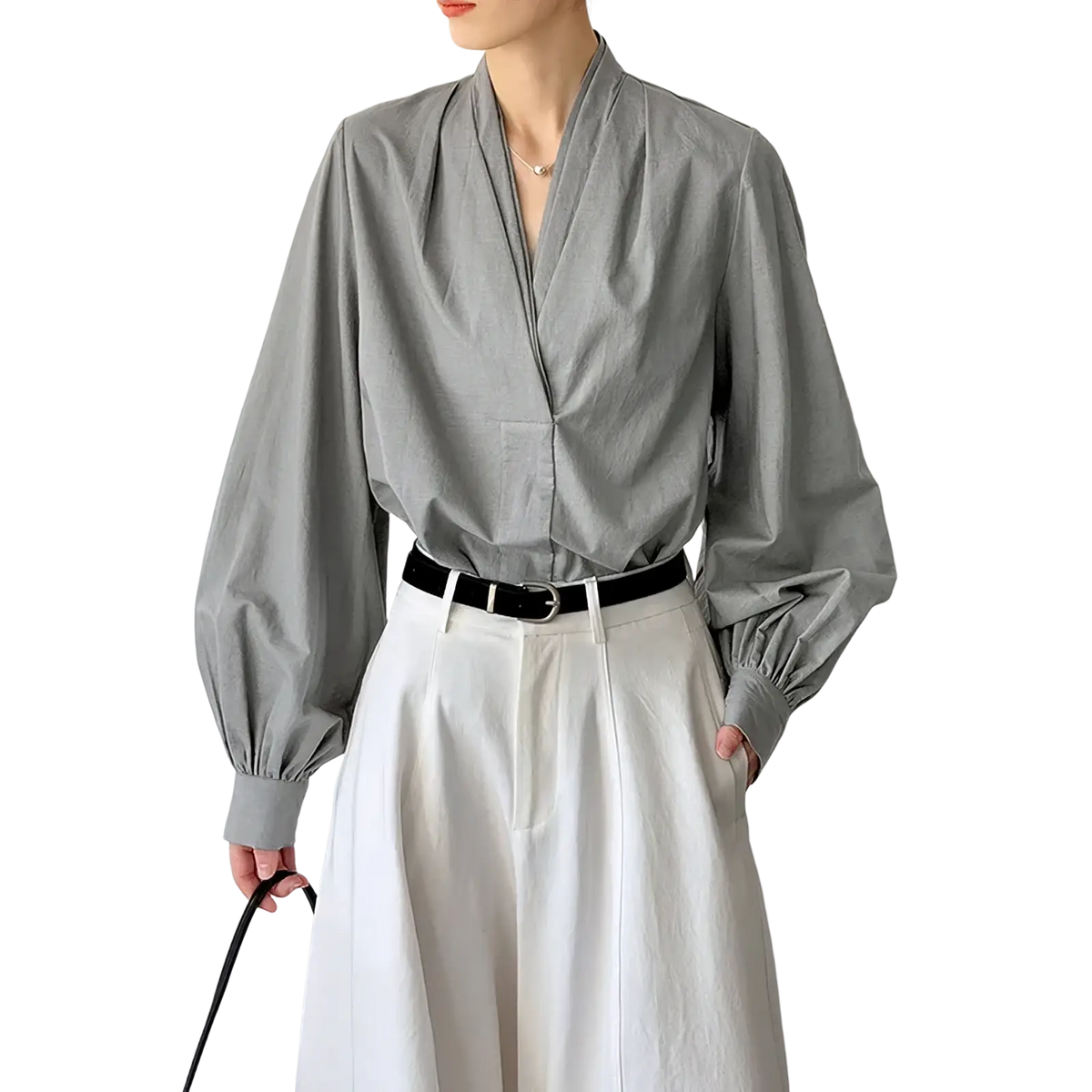 Gray long-sleeved v-neck blouse with puffed sleeves made of soft fabric for elegant casual wear