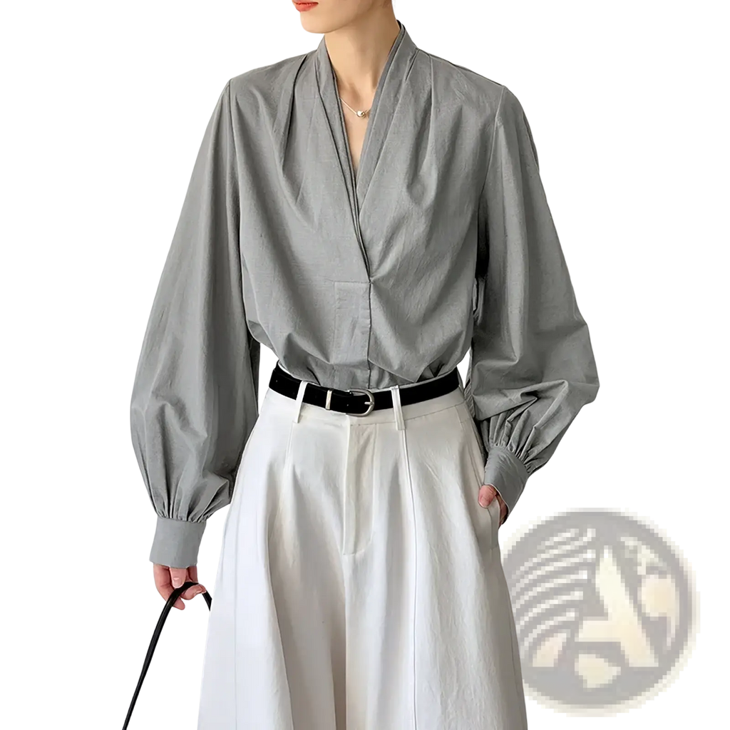 Gray long-sleeved v-neck blouse with puffed sleeves made of soft fabric for elegant casual wear