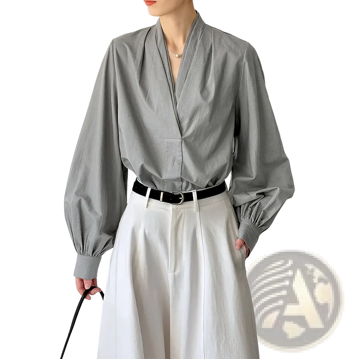 Gray long-sleeved v-neck blouse with puffed sleeves made of soft fabric for elegant casual wear