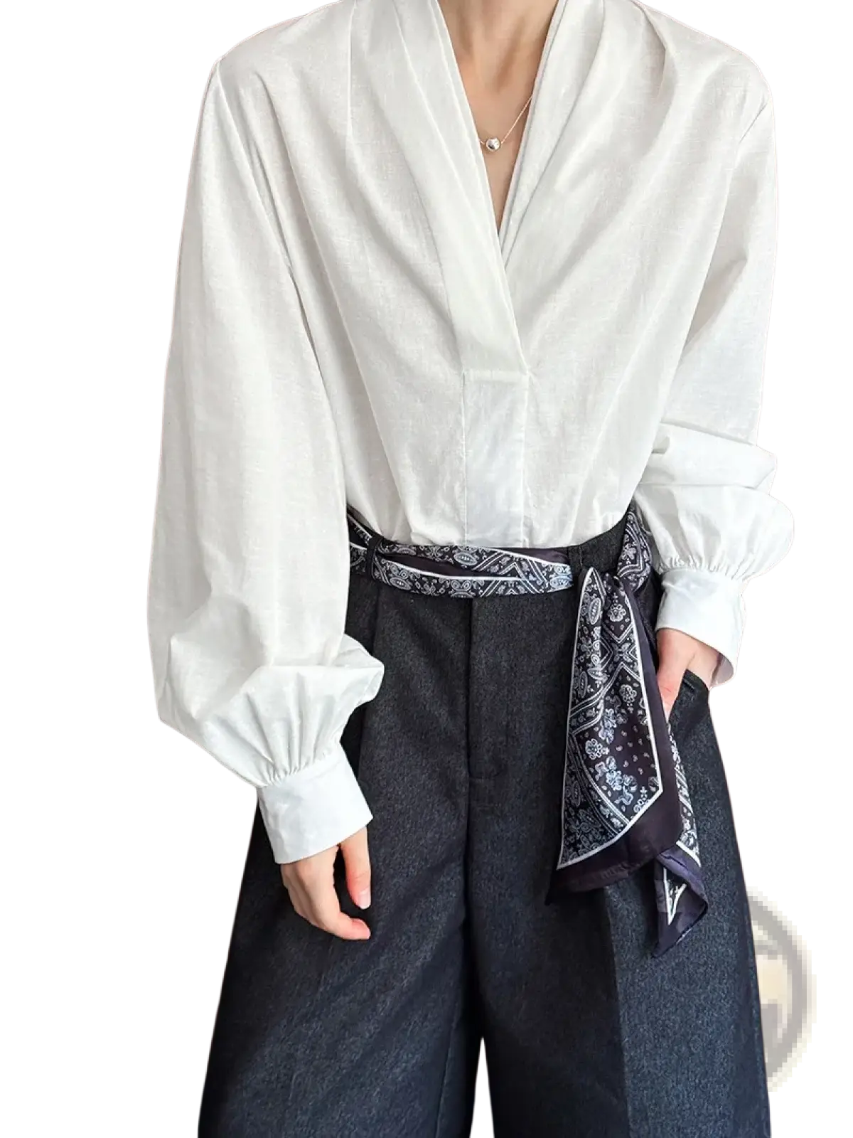 White satin puff sleeve blouse with voluminous long sleeves v-neckline tied at the waist with black patterned bandana