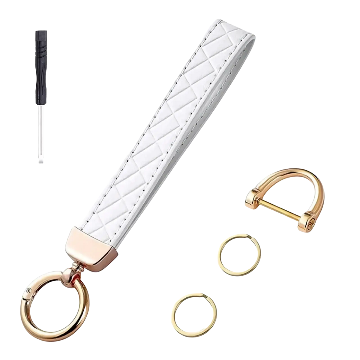 White quilted leather keychain wallet wristlet with rose gold metal hardware and a carabiner clip