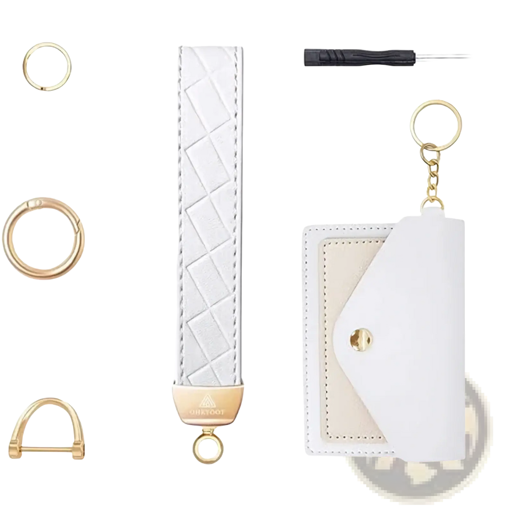 White quilted leather keychain wallet wristlet with gold-tone hardware and cream interior visible from front side