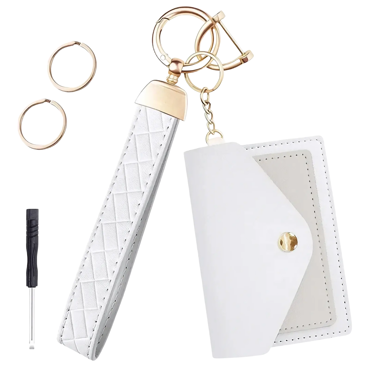 White quilted leather keychain wallet wristlet with gold-tone hardware and matching wrist strap for convenient carrying