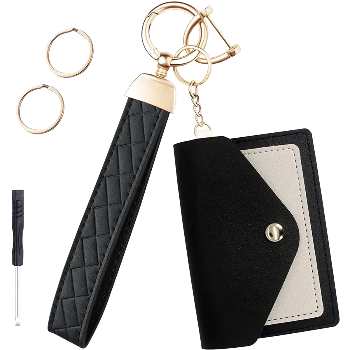 White quilted leather keychain wallet wristlet with black leather exterior and gold-tone hardware with cream interior