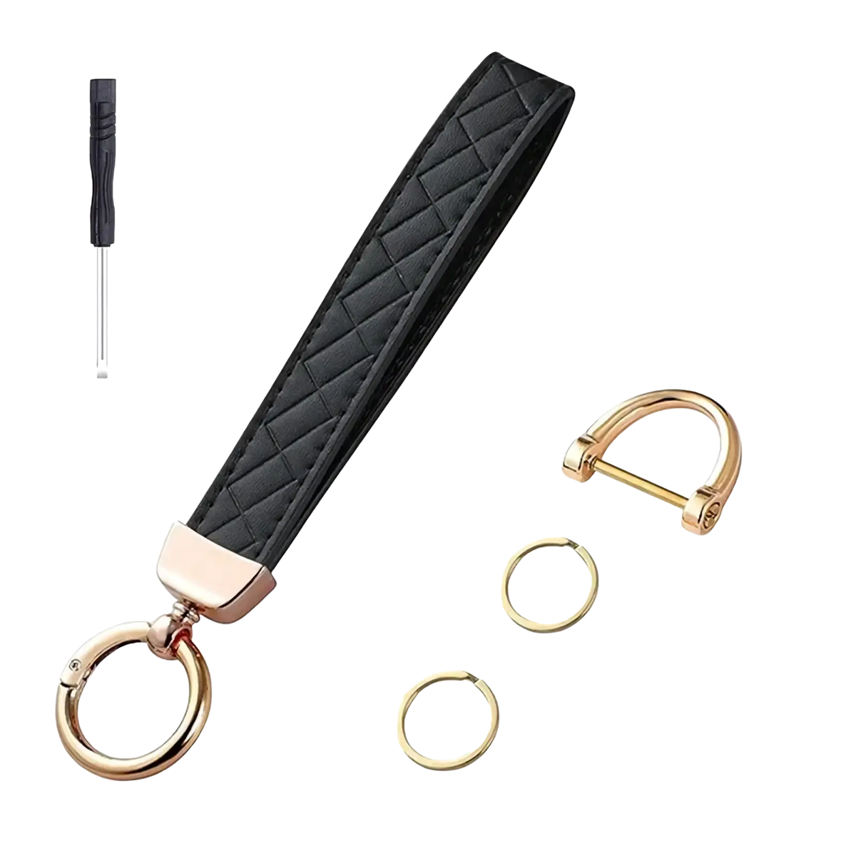 Black quilted leather key fob with rose gold-tone hardware and matching screwdriver for white quilted leather wristlet