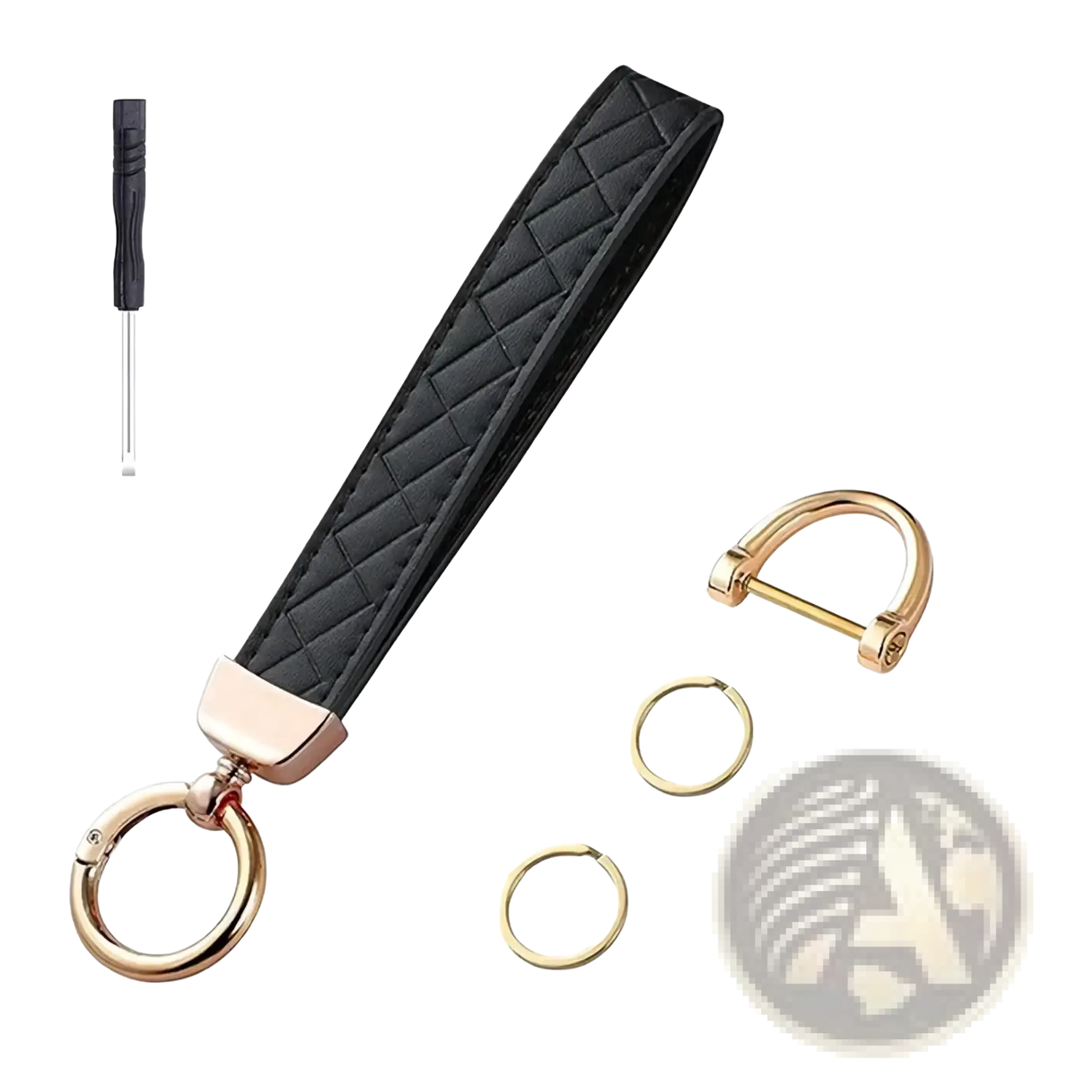 Black quilted leather key fob with rose gold-tone hardware and matching screwdriver for white quilted leather wristlet