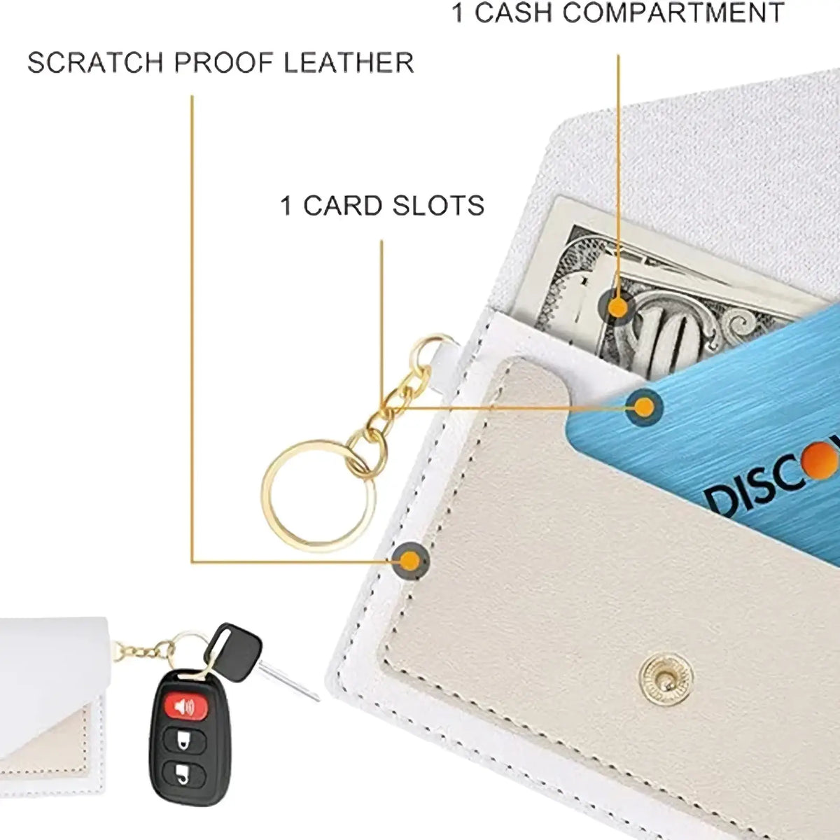 White quilted leather keychain wallet wristlet in off-white scratch-proof leather with gold-tone keychain and card slot