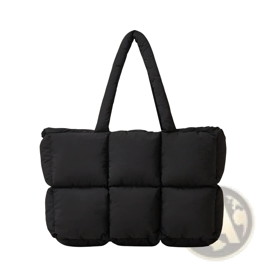 Black quilted puffer tote bag with padded handles made of soft cotton suitable for everyday use