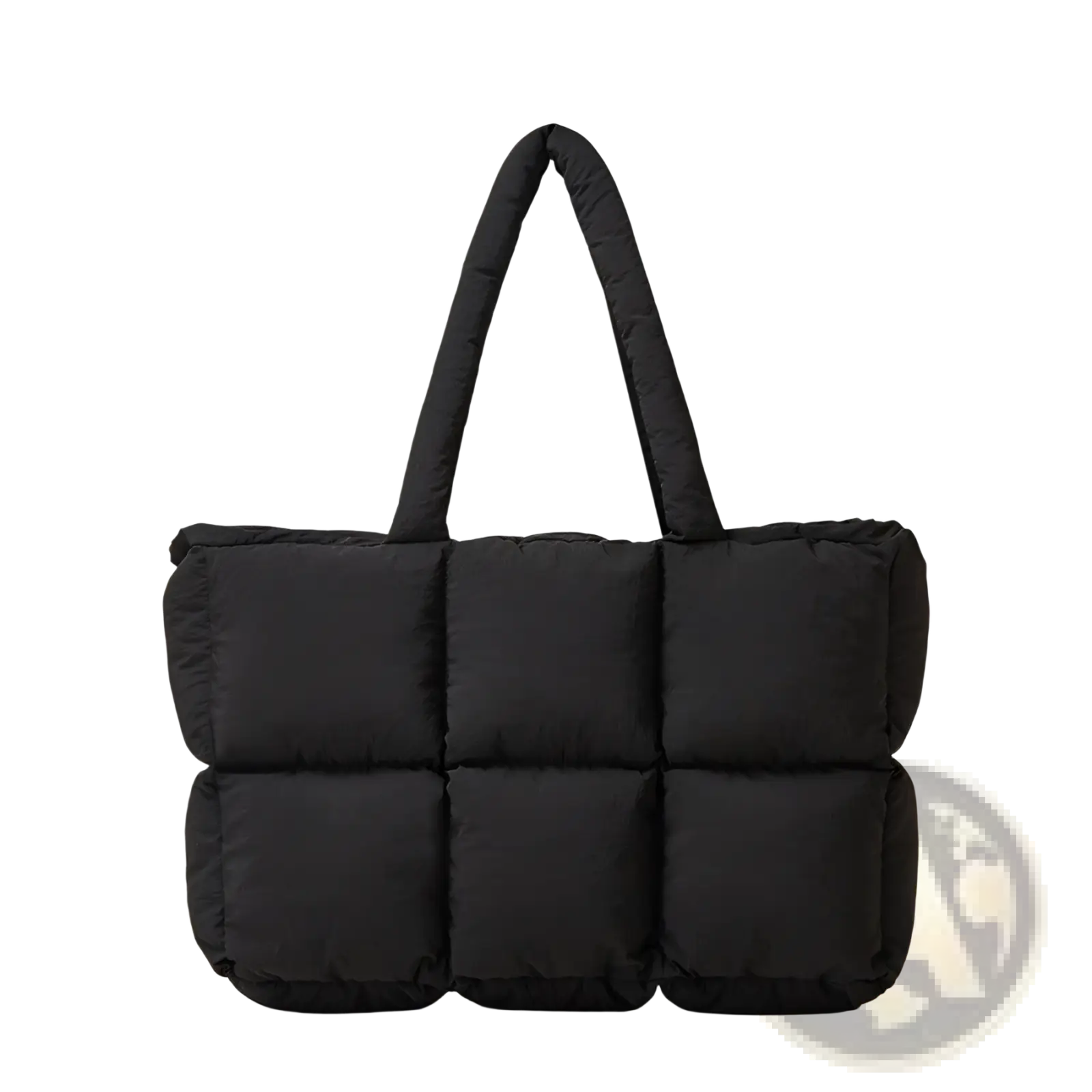Black quilted puffer tote bag with padded handles made of soft cotton suitable for everyday use