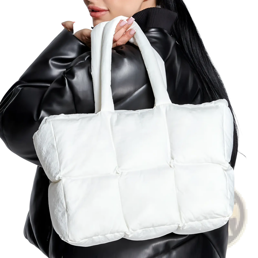 White quilted puffer tote bag with plush soft cotton handles for comfortable everyday use