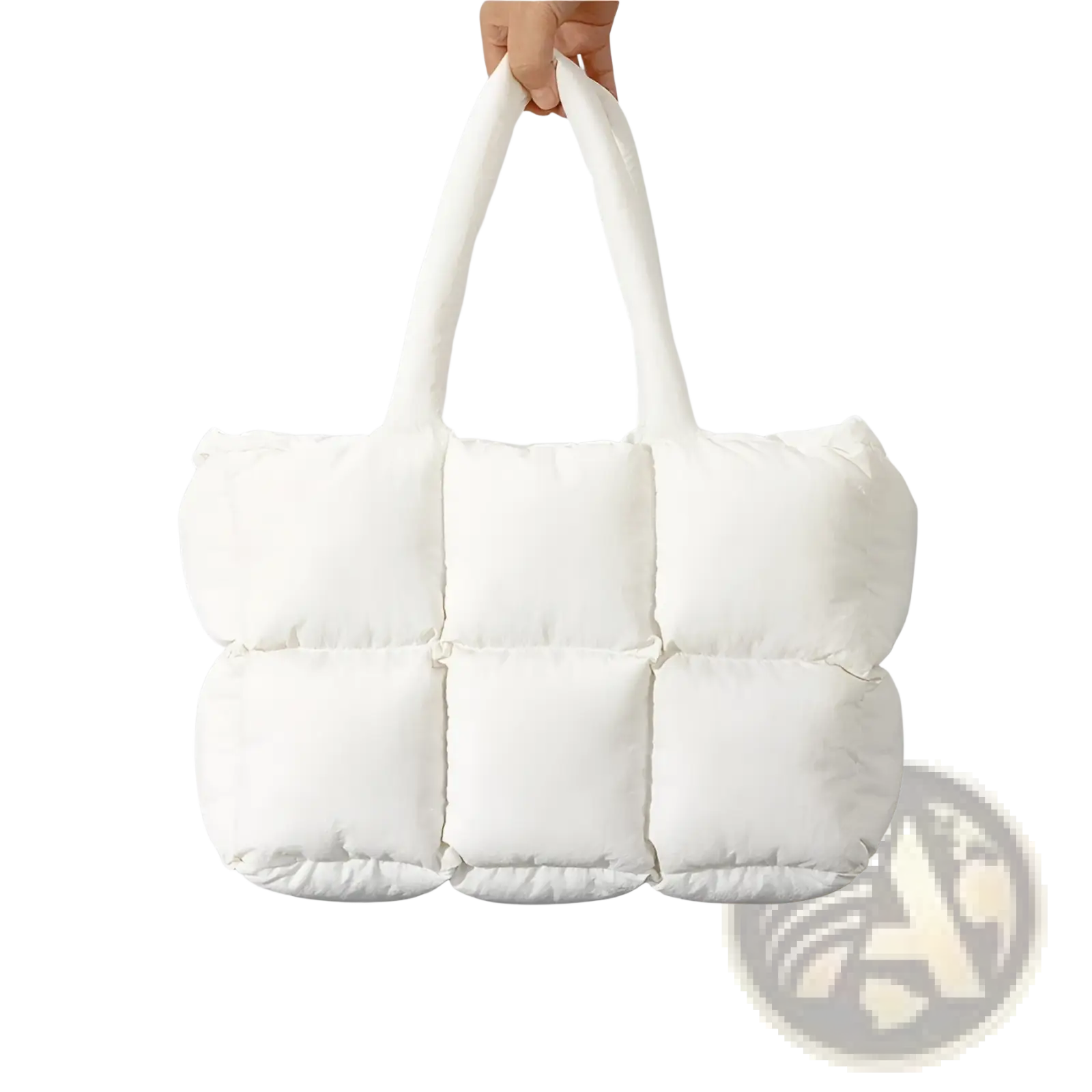 White quilted puffer tote bag with soft plush cotton handles ideal for stylish everyday use