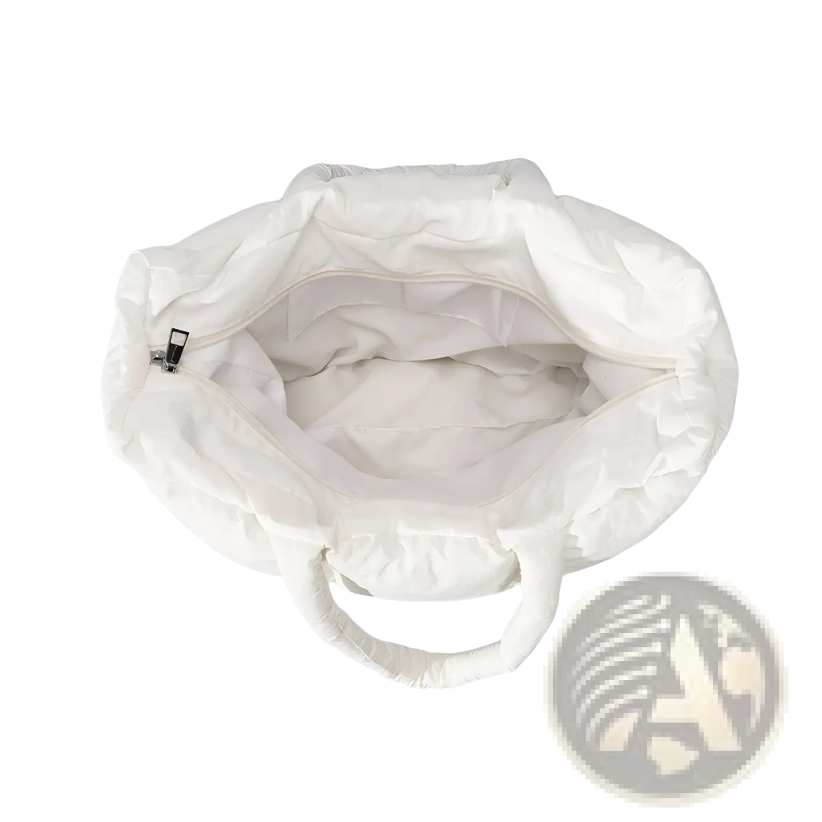 White quilted puffer tote bag with soft cotton fabric and matching handles for stylish everyday use