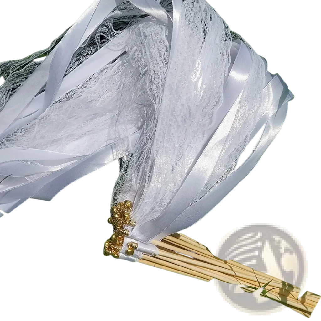 White ribbon wedding wands with bells featuring delicate white lace and satin ribbon bouquet with gold bead accents
