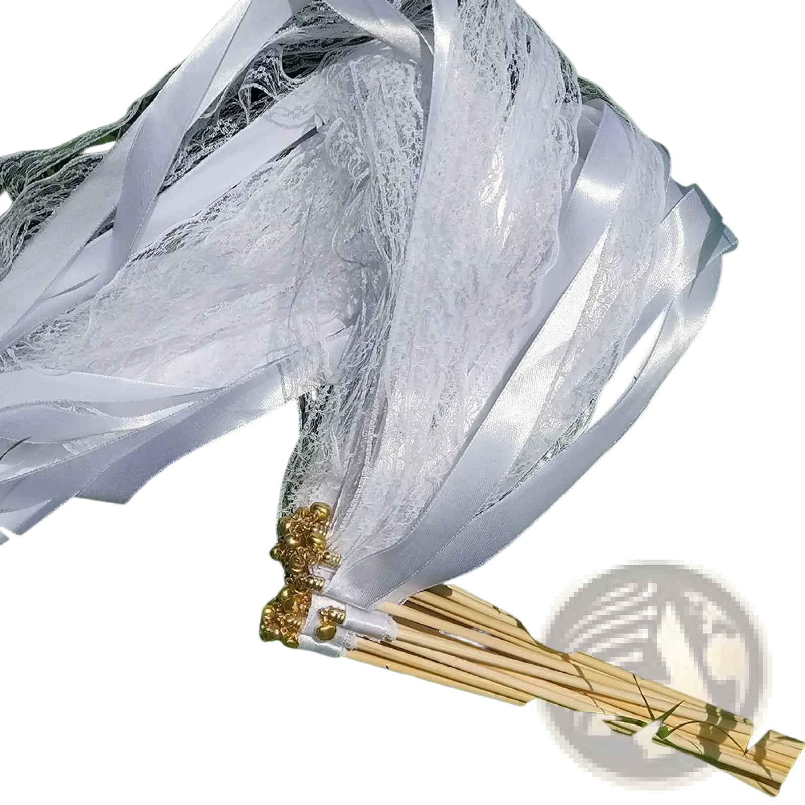 White ribbon wedding wands with bells featuring delicate white lace and satin ribbon bouquet with gold bead accents