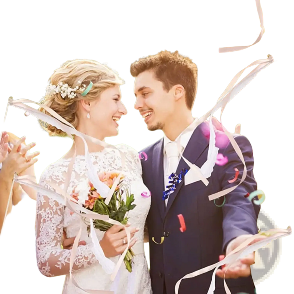 White lace wedding dress with long sleeves holding a floral bouquet paired with white ribbon wedding wands with bells 20 pcs