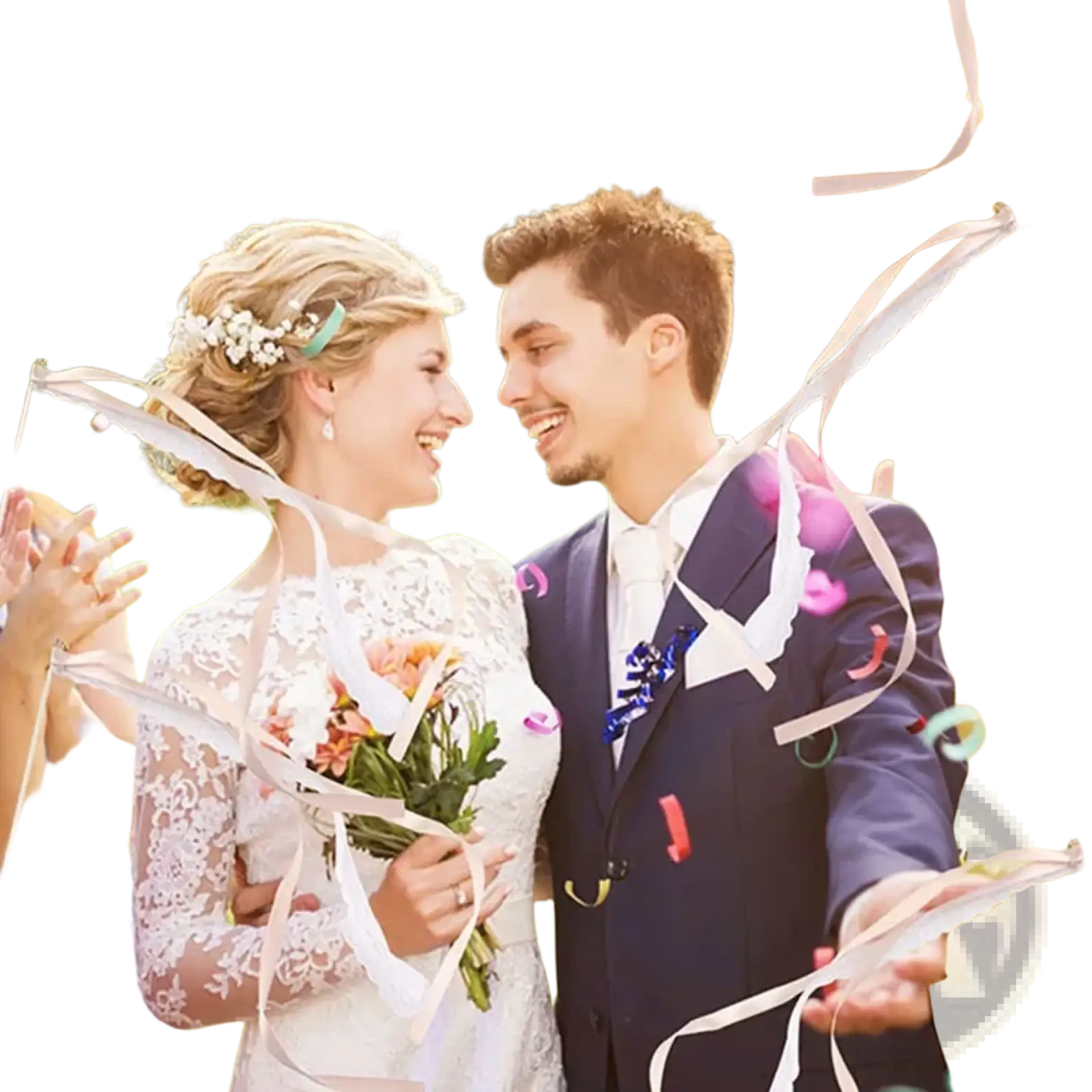 White lace wedding dress with long sleeves holding a floral bouquet paired with white ribbon wedding wands with bells 20 pcs